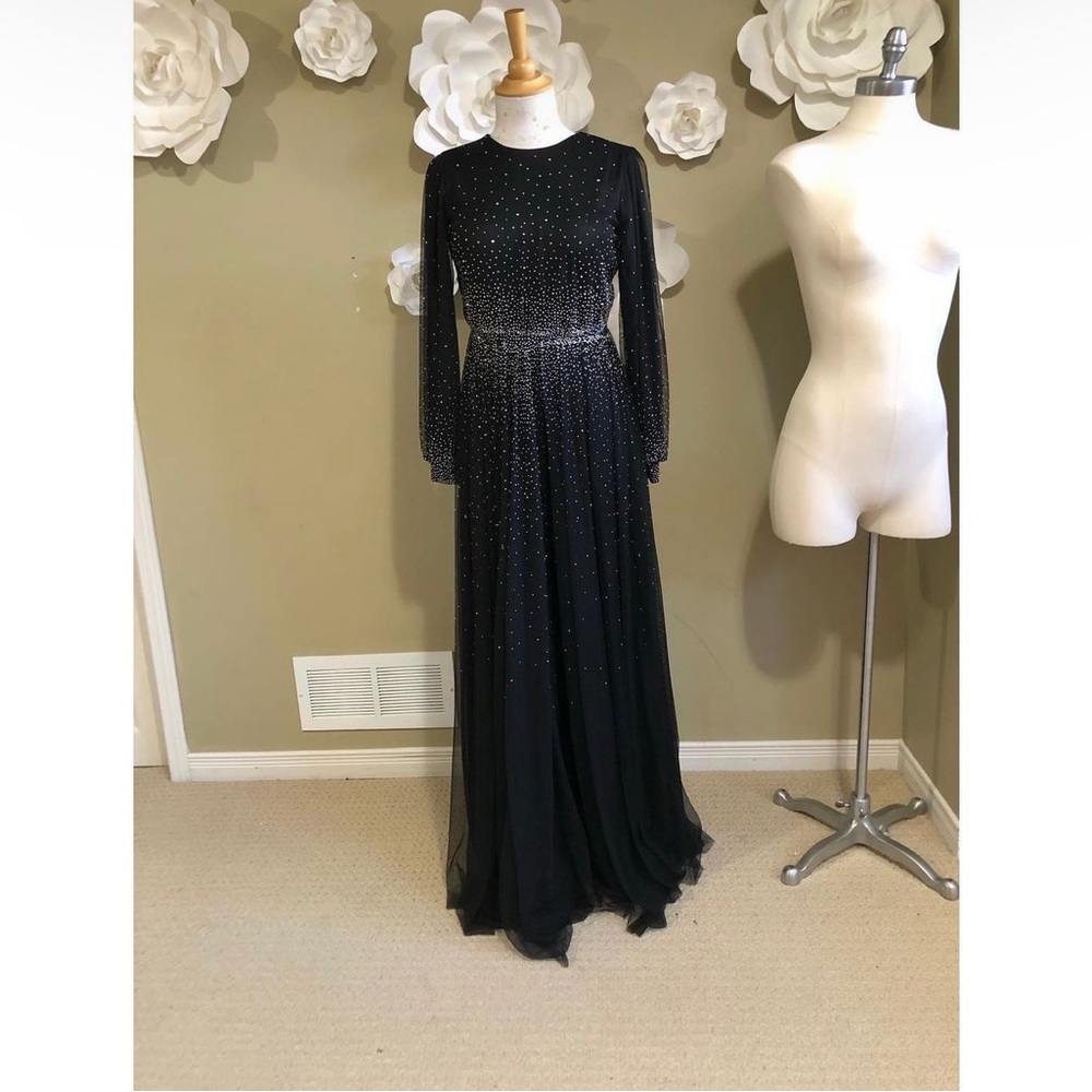 Black Chiffon Modest Evening Gown with rhinestones